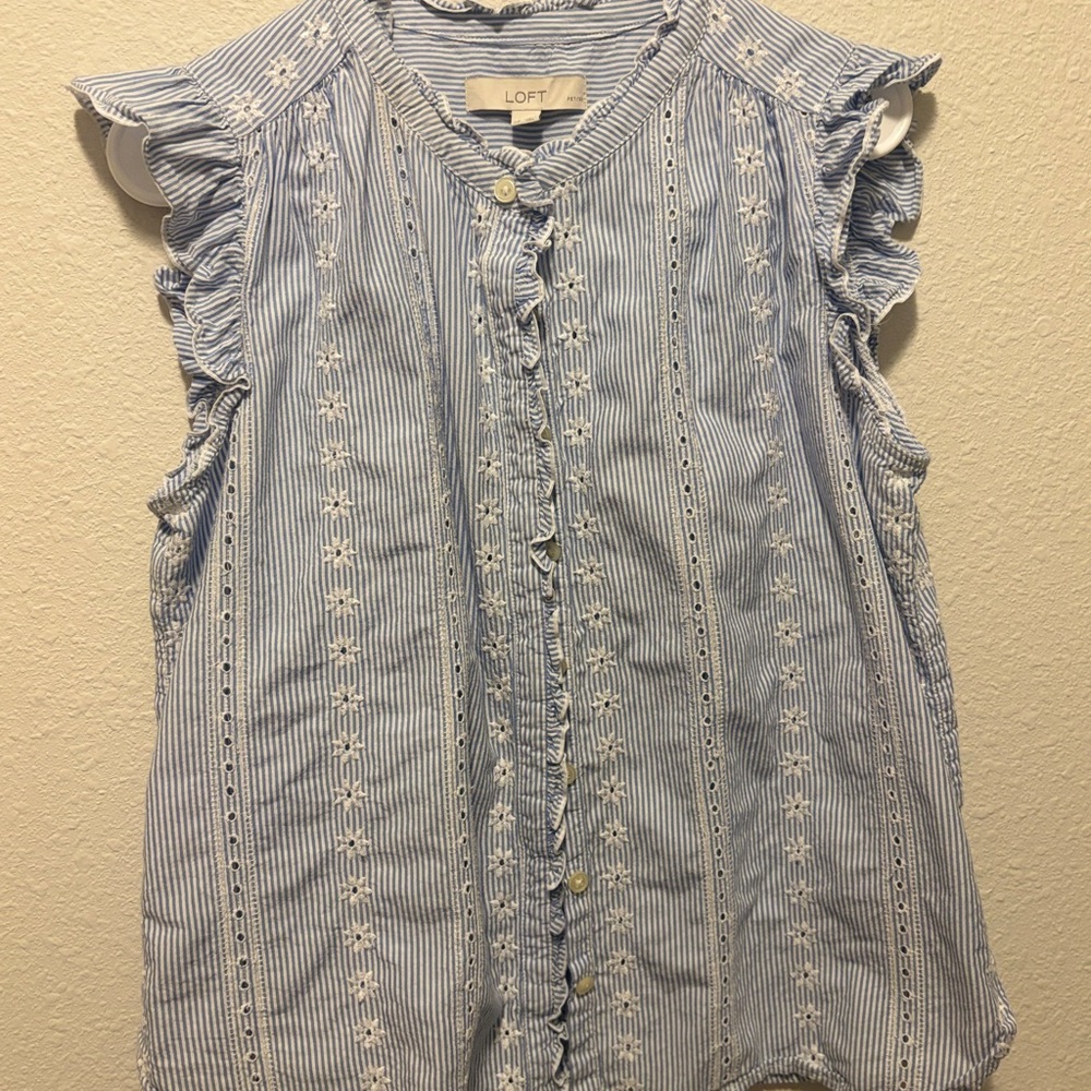 LOFT Gray Ruffled Blouse with Mandarin Collar